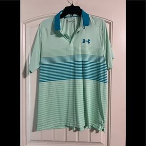 Under armour heat gear golf polo light green with blue dark green stripe large